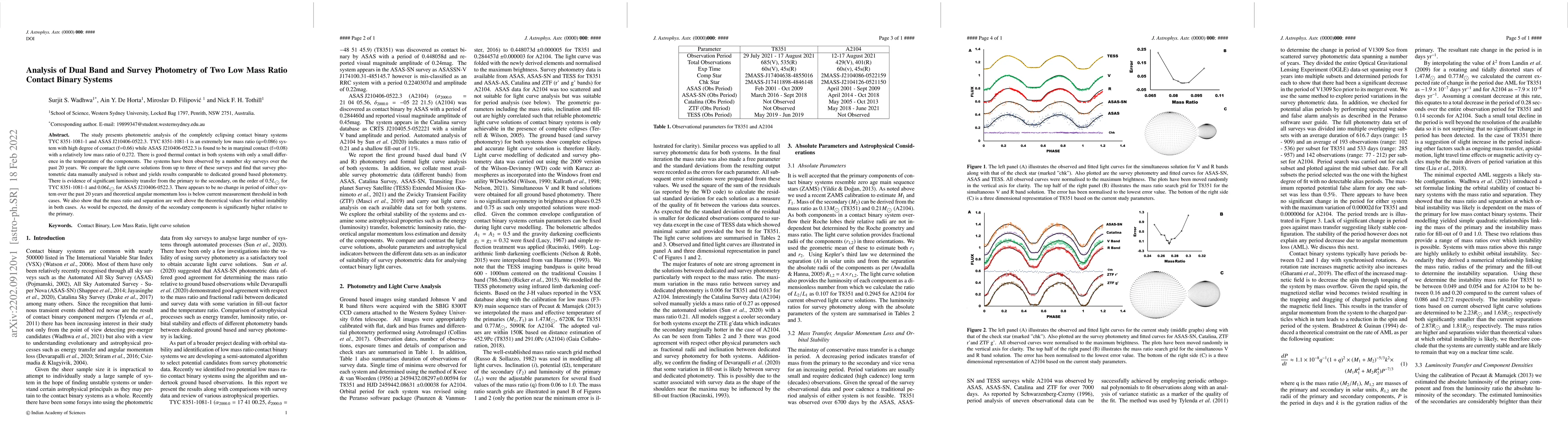 Thumbnail for Analysis of Dual Band and Survey Photometry of Two Low Mass Ratio
  Contact Binary Systems
