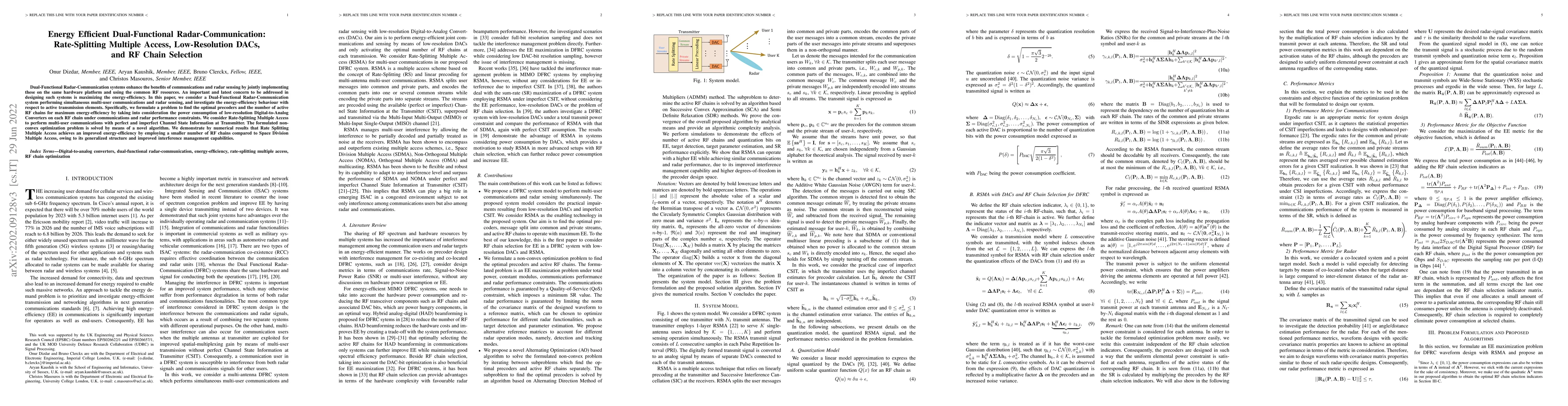 Thumbnail for Energy Efficient Dual-Functional Radar-Communication: Rate-Splitting
  Multiple Access, Low-Resolution DACs, and RF Chain Selection