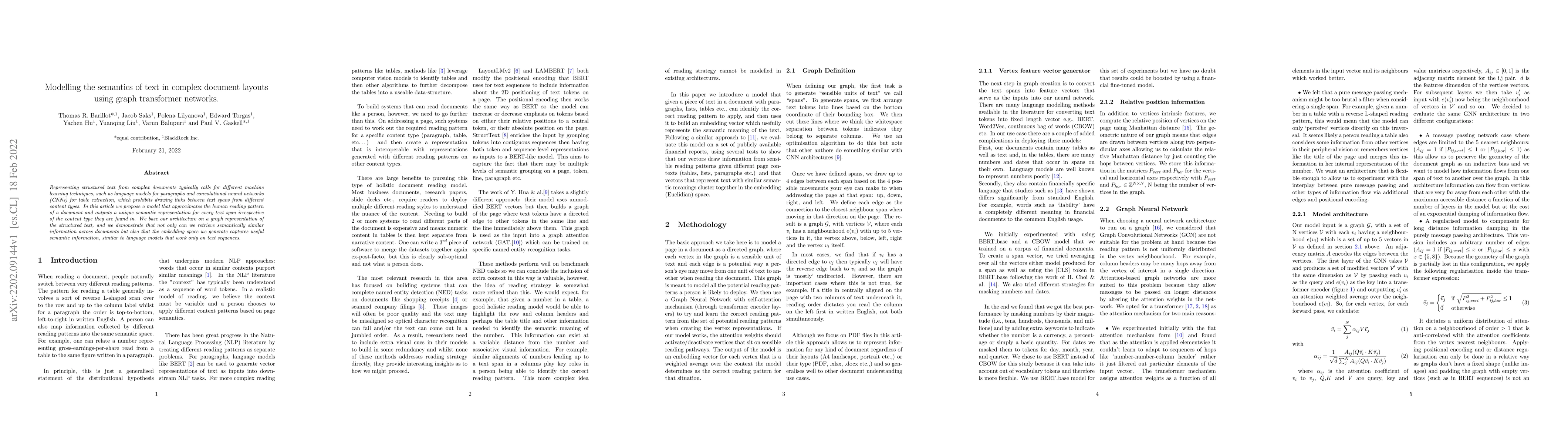 Thumbnail for Modelling the semantics of text in complex document layouts using graph
  transformer networks