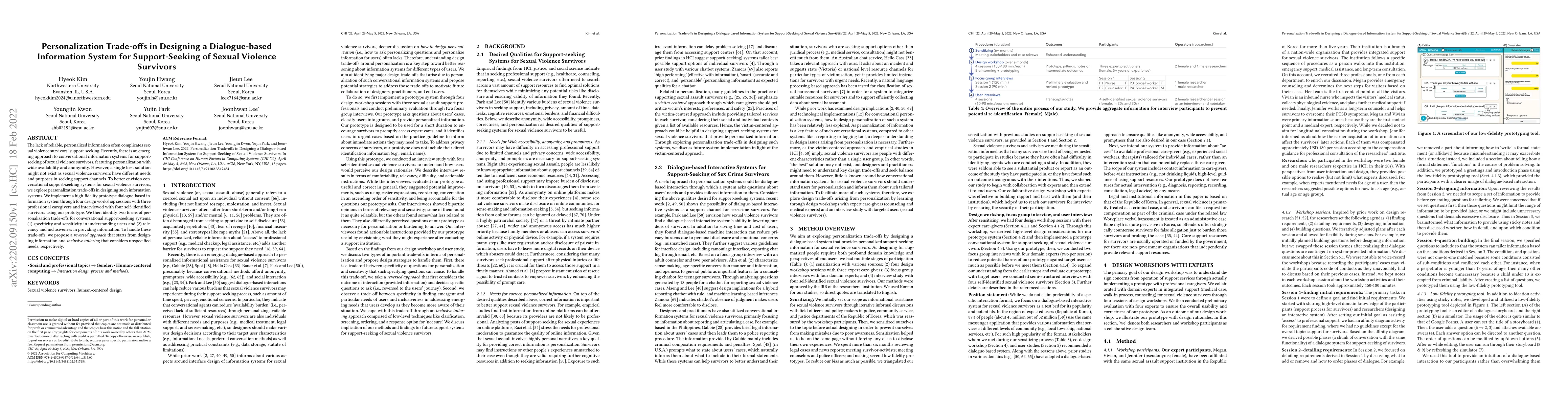 Thumbnail for Personalization Trade-offs in Designing a Dialogue-based Information
  System for Support-Seeking of Sexual Violence Survivors