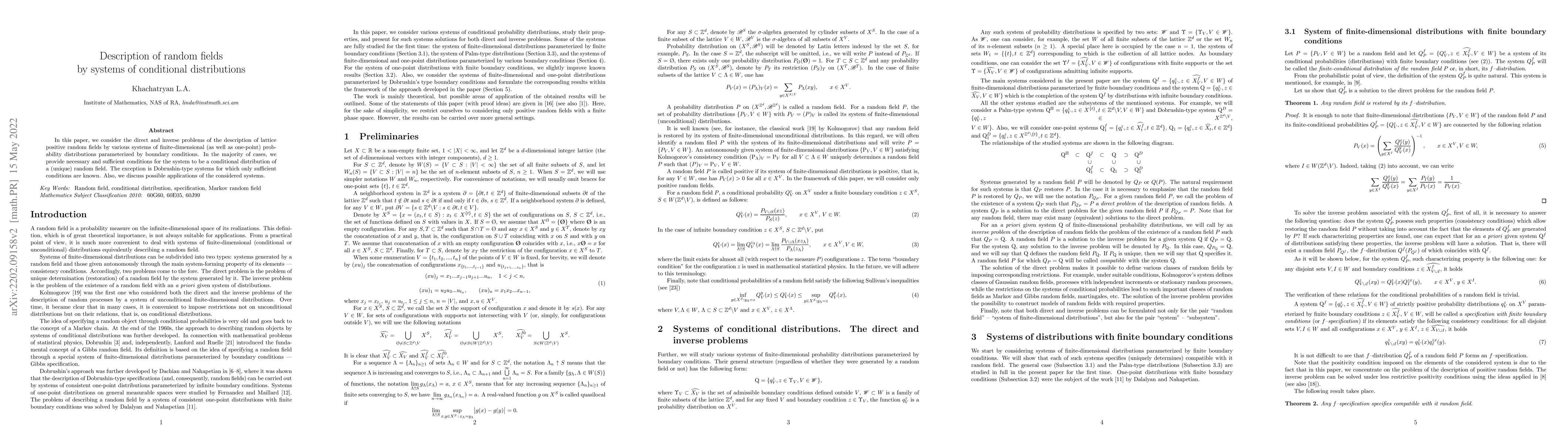 Thumbnail for Description of random fields by systems of conditional distributions