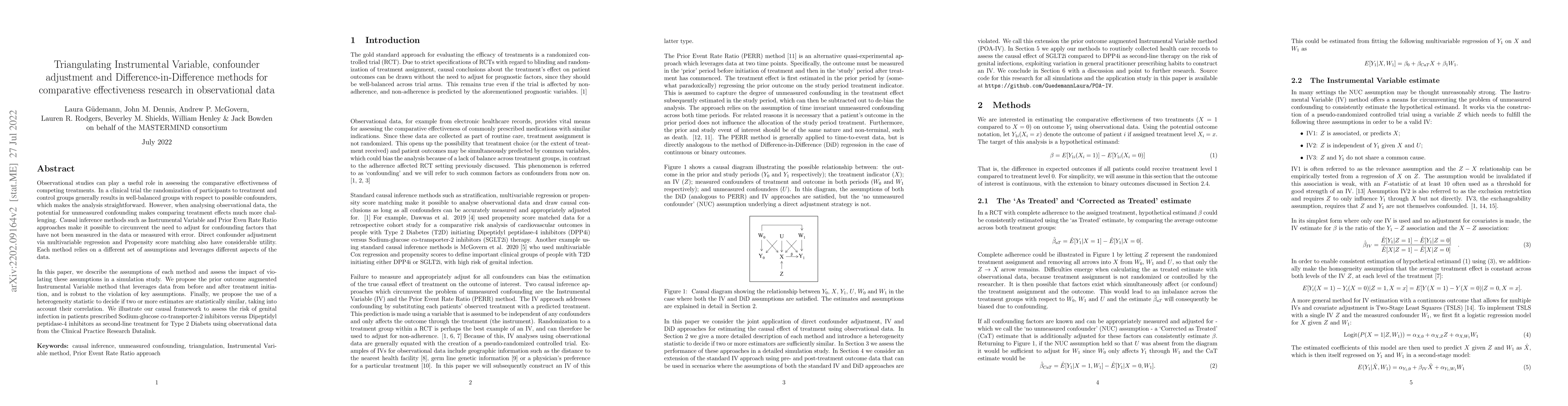 Thumbnail for Triangulating Instrumental Variable, confounder adjustment and
  Difference-in-Difference methods for comparative effectiveness research in
  observational data