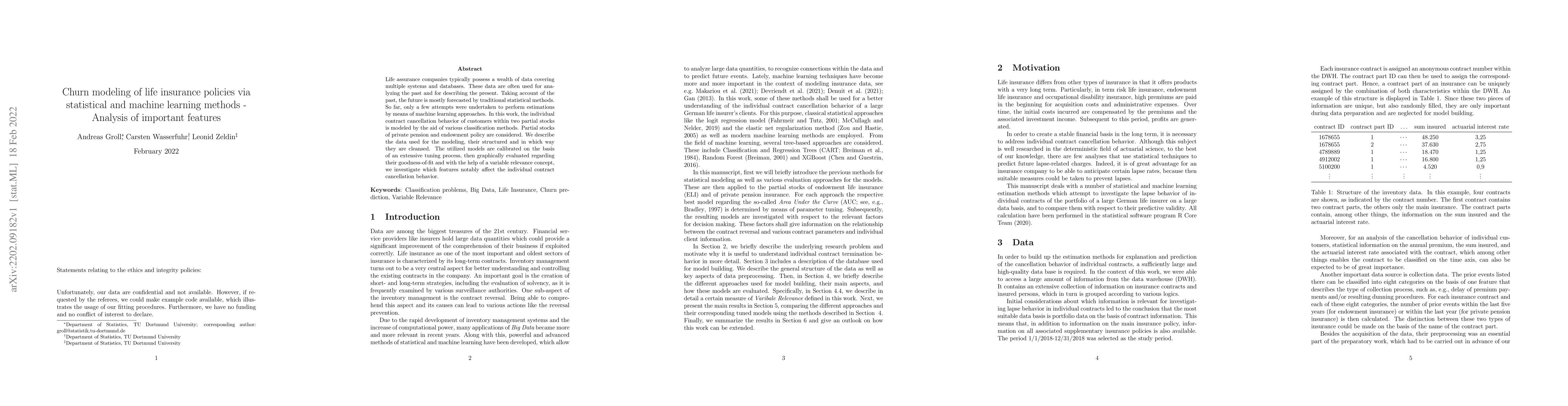 Thumbnail for Churn modeling of life insurance policies via statistical and machine
  learning methods -- Analysis of important features