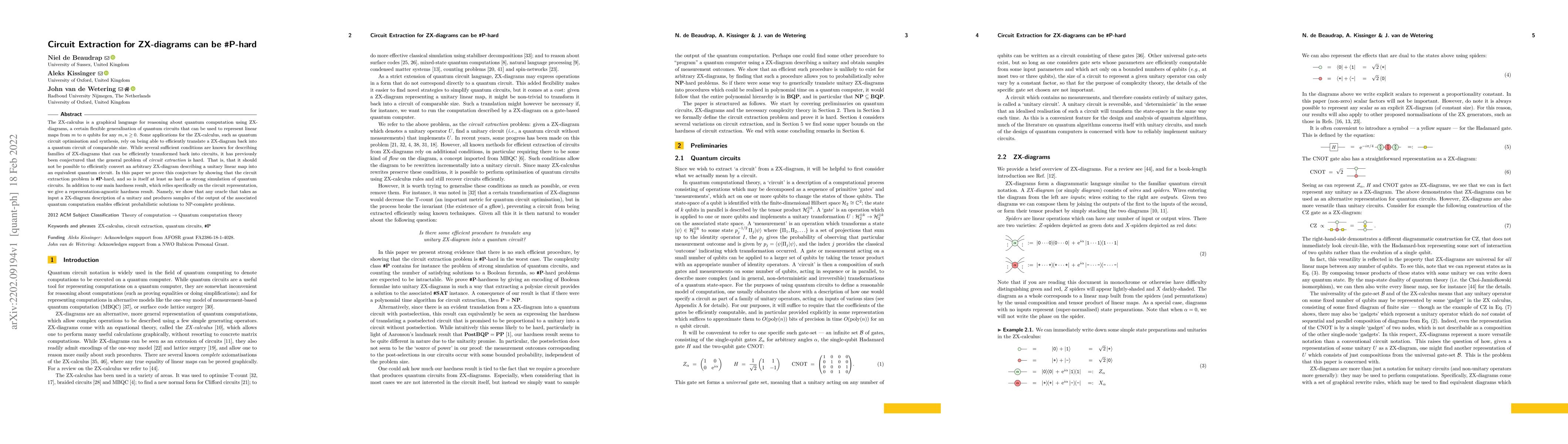 Thumbnail for Circuit Extraction for ZX-diagrams can be #P-hard