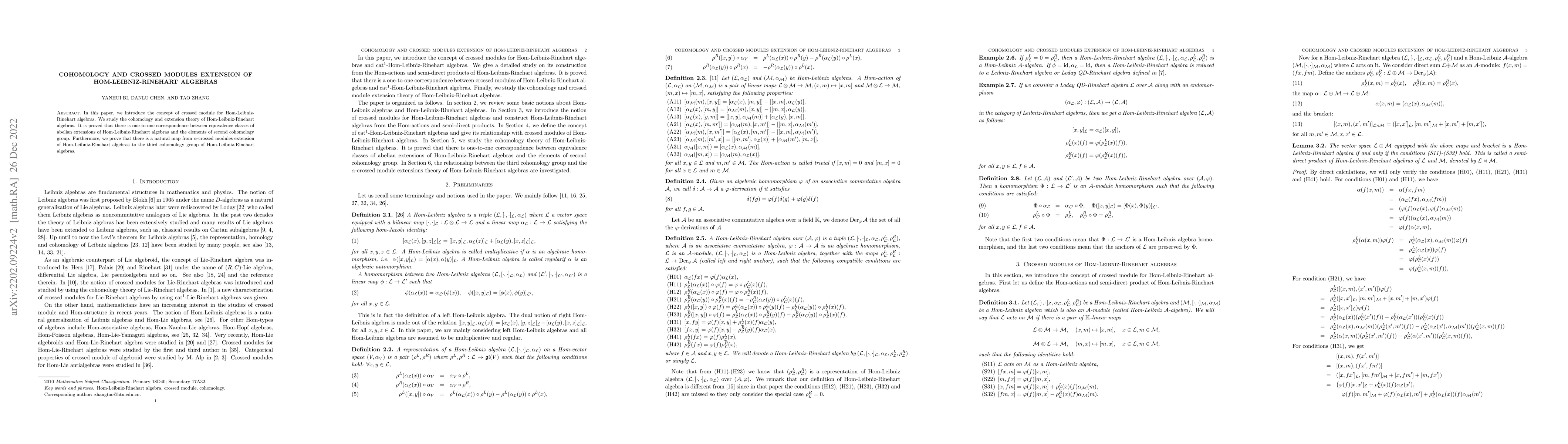 Thumbnail for Cohomology and crossed modules extension of Hom-Leibniz-Rinehart
  algebras