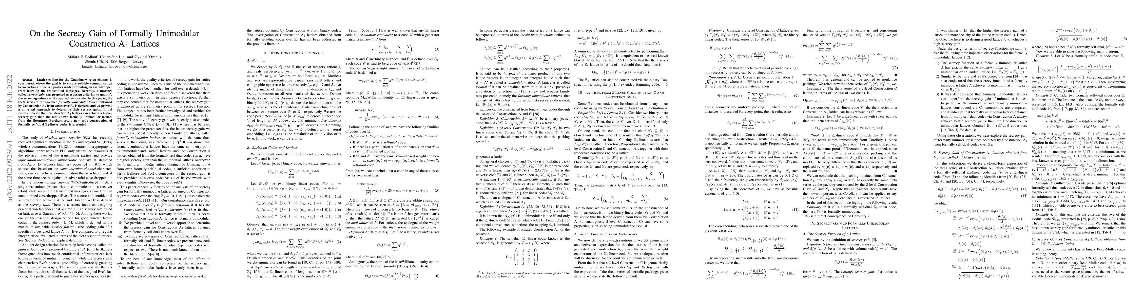 Thumbnail for On the Secrecy Gain of Formally Unimodular Construction $\text{A}_4$
  Lattices