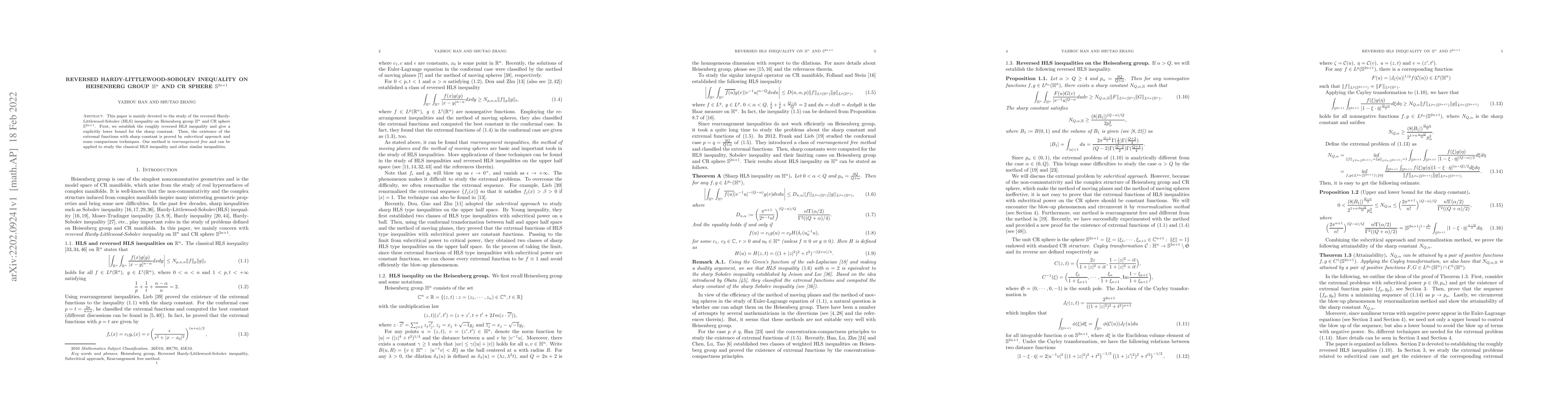 Thumbnail for Reversed Hardy-Littlewood-Sobolev inequality on Heisenberg group
  $\mathbb{H}^n$ and CR sphere $\mathbb{S}^{2n+1}$
