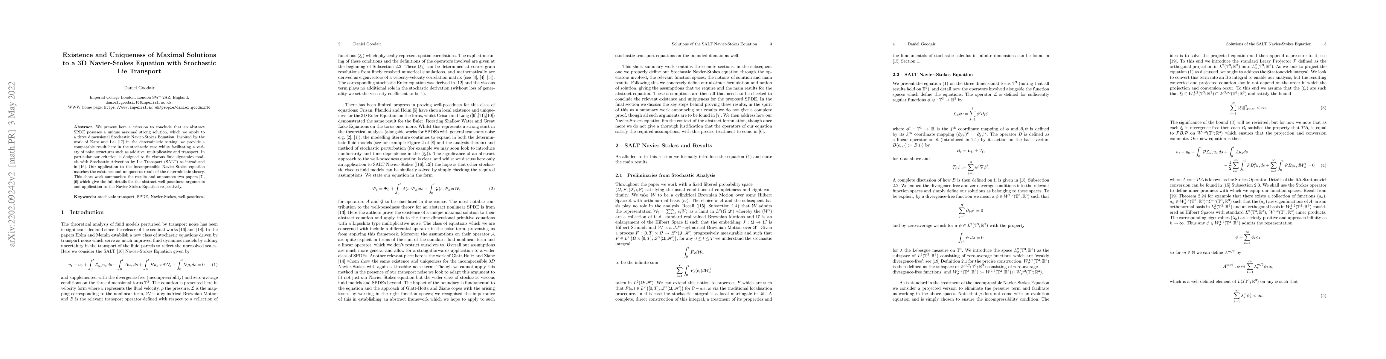 Thumbnail for Existence and Uniqueness of Maximal Solutions to a 3D Navier-Stokes
  Equation with Stochastic Lie Transport