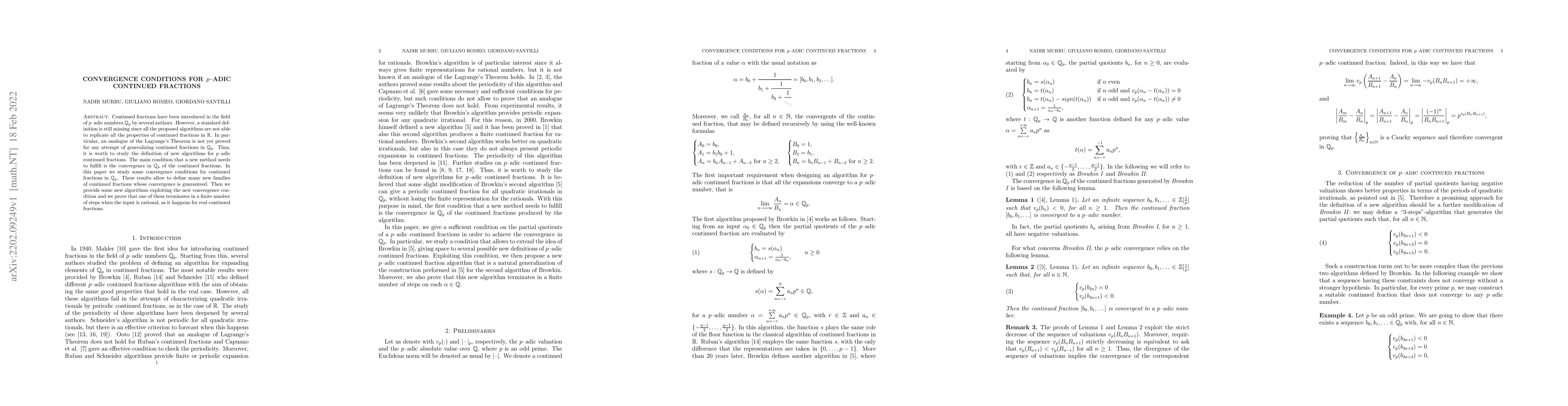 Thumbnail for Convergence conditions for $p$--adic continued fractions