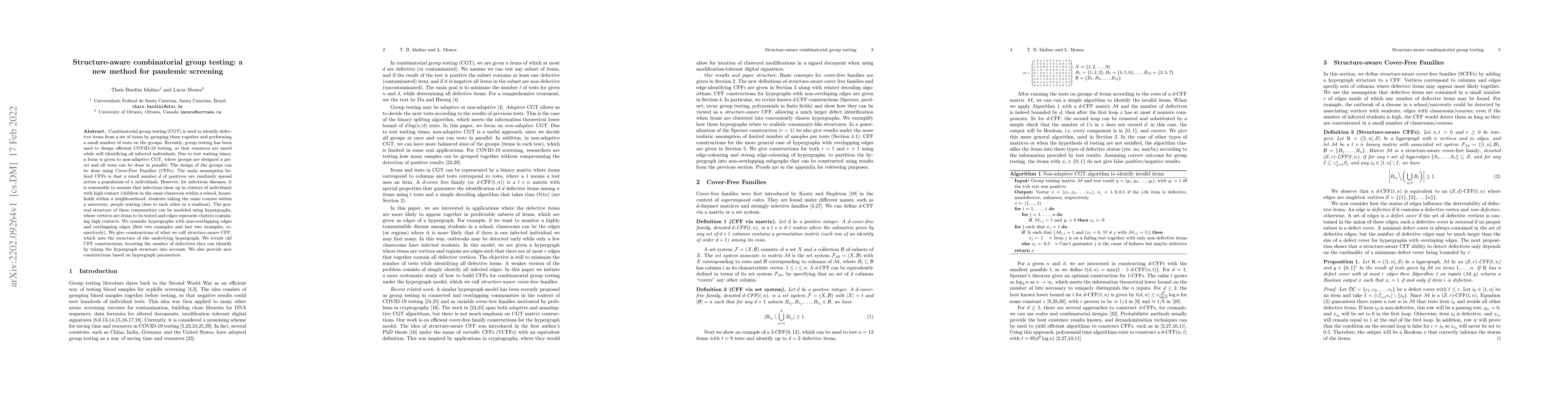 Thumbnail for Structure-aware combinatorial group testing: a new method for pandemic
  screening