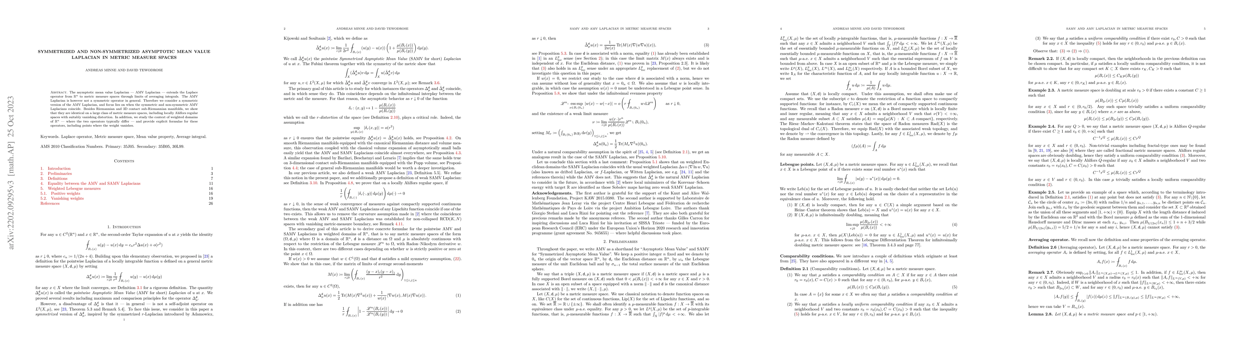 Thumbnail for Symmetrized and non-symmetrized Asymptotic Mean Value Laplacian in
  metric measure spaces
