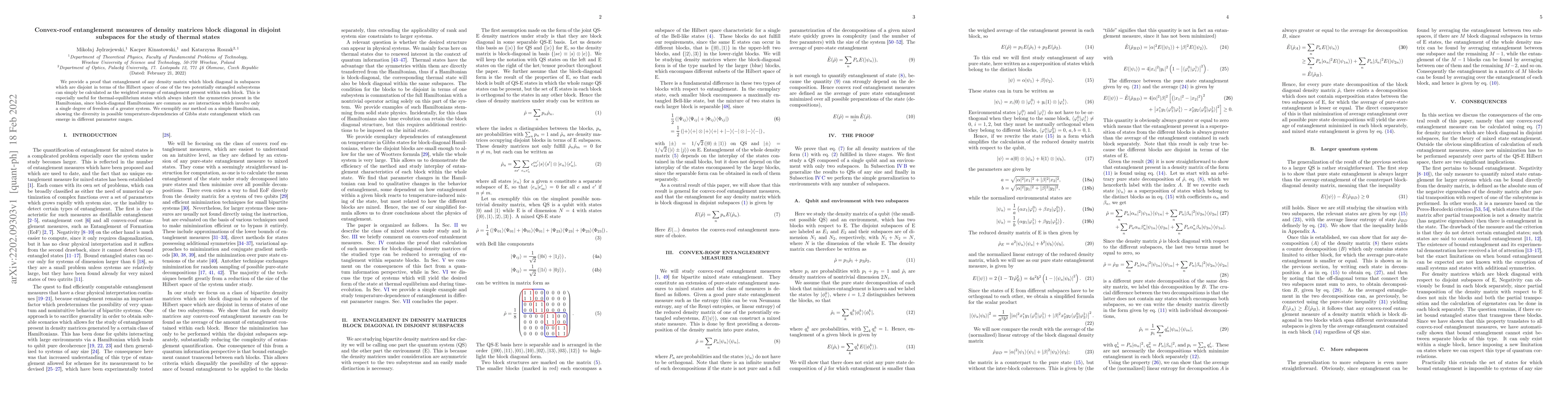 Thumbnail for Convex-roof entanglement measures of density matrices block diagonal in
  disjoint subspaces for the study of thermal states