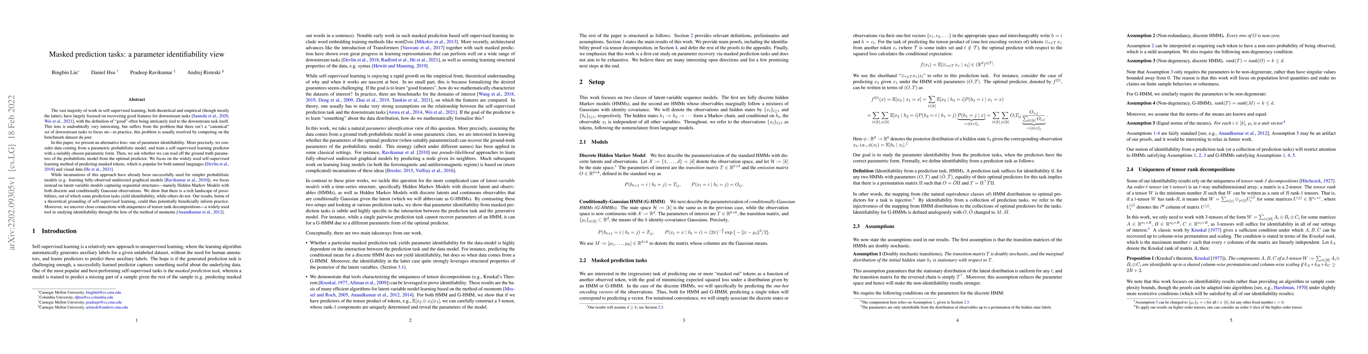 Thumbnail for Masked prediction tasks: a parameter identifiability view