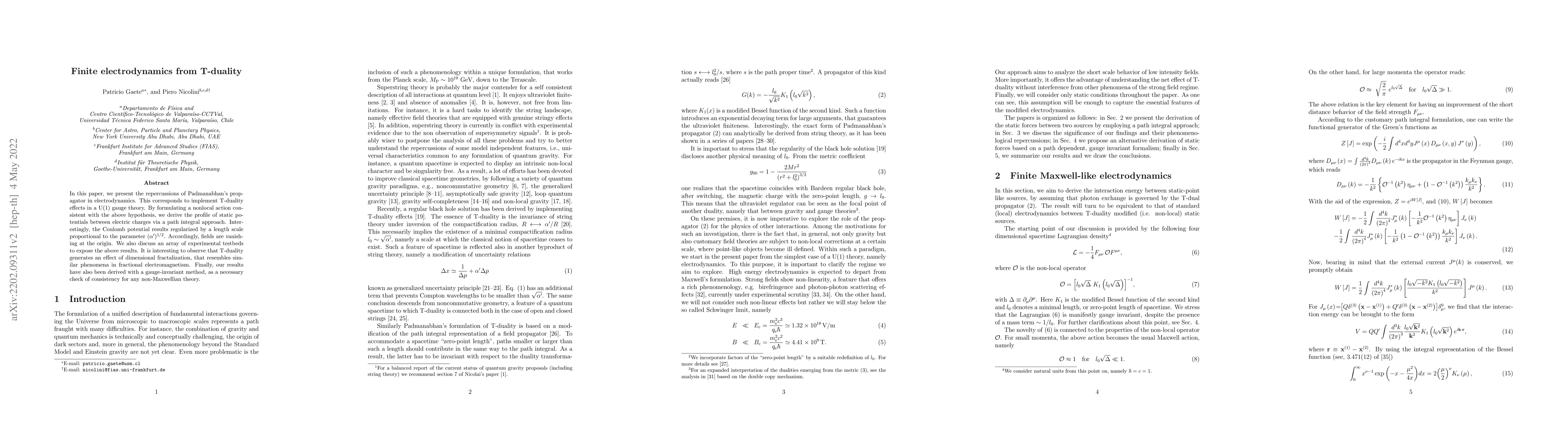 Thumbnail for Finite electrodynamics from T-duality