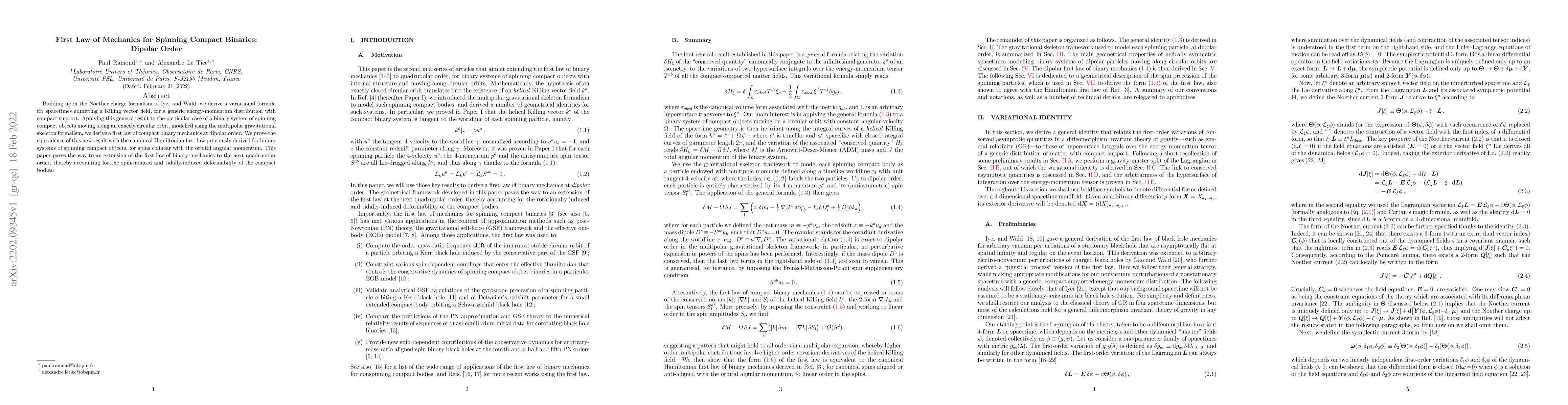 Thumbnail for First Law of Mechanics for Spinning Compact Binaries: Dipolar Order