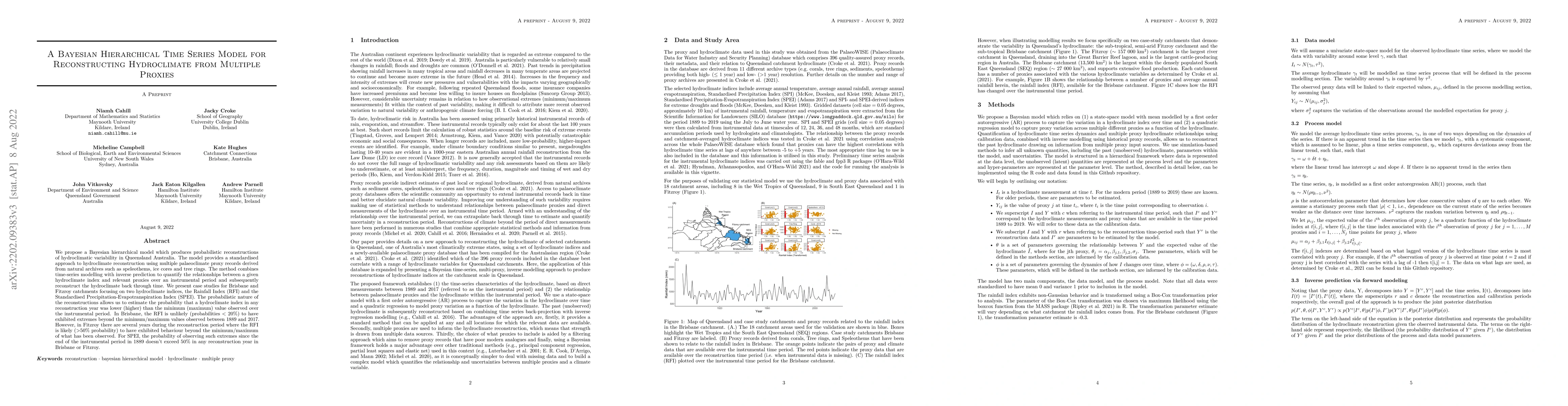Thumbnail for A Bayesian Hierarchical Time Series Model for Reconstructing
  Hydroclimate from Multiple Proxies