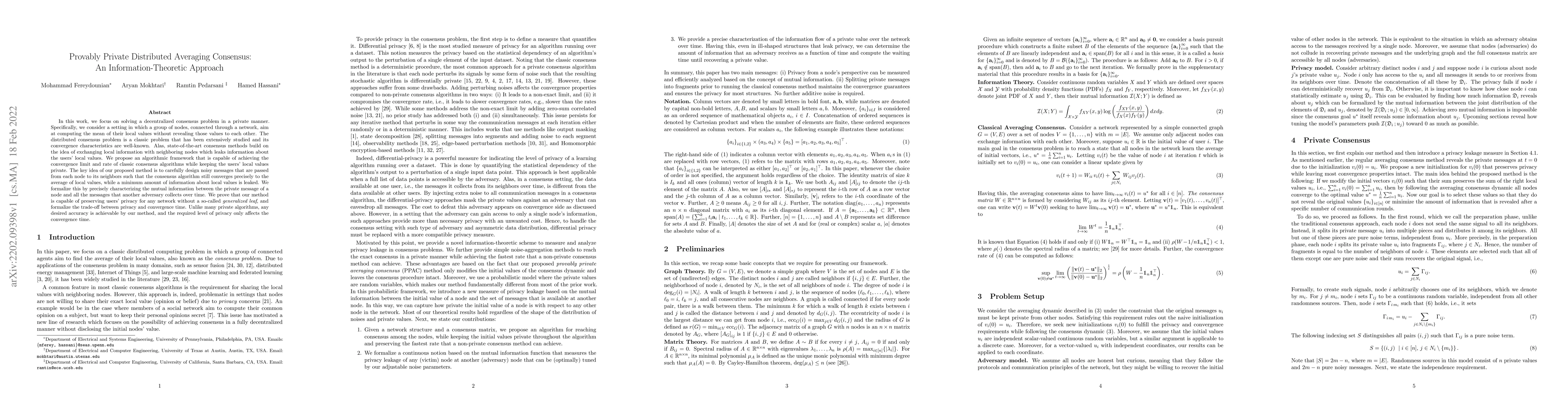 Thumbnail for Provably Private Distributed Averaging Consensus: An
  Information-Theoretic Approach