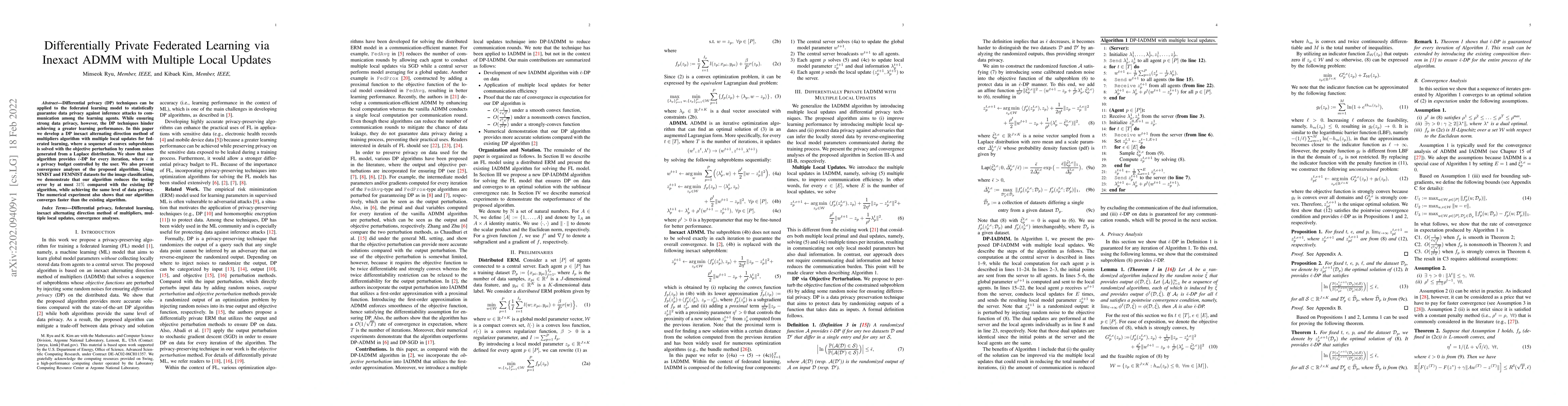 Thumbnail for Differentially Private Federated Learning via Inexact ADMM with Multiple
  Local Updates