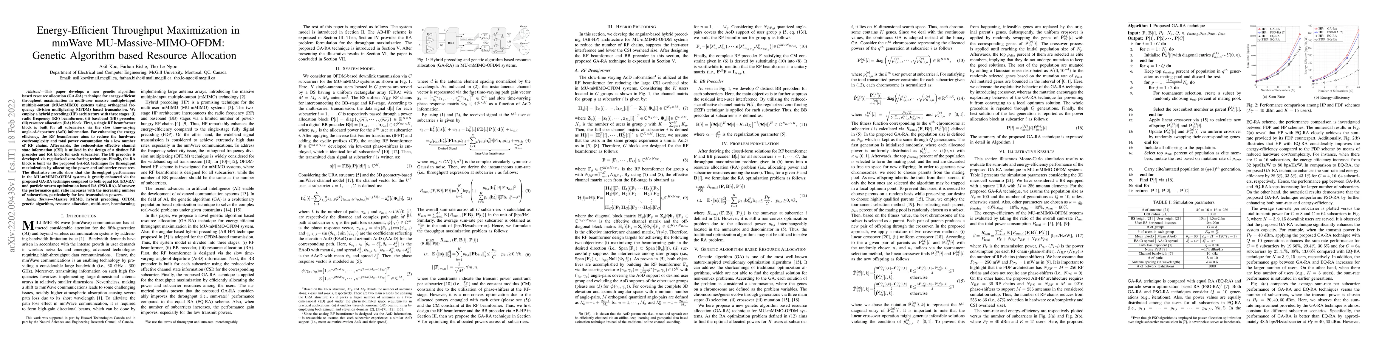 Thumbnail for Energy-Efficient Throughput Maximization in mmWave MU-Massive-MIMO-OFDM:
  Genetic Algorithm based Resource Allocation