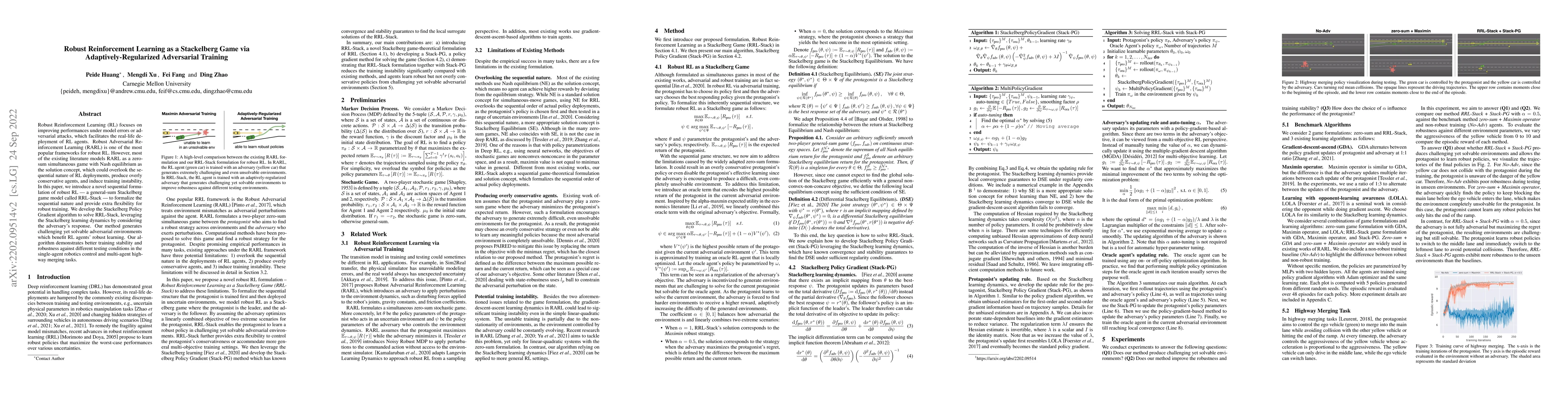 Thumbnail for Robust Reinforcement Learning as a Stackelberg Game via
  Adaptively-Regularized Adversarial Training