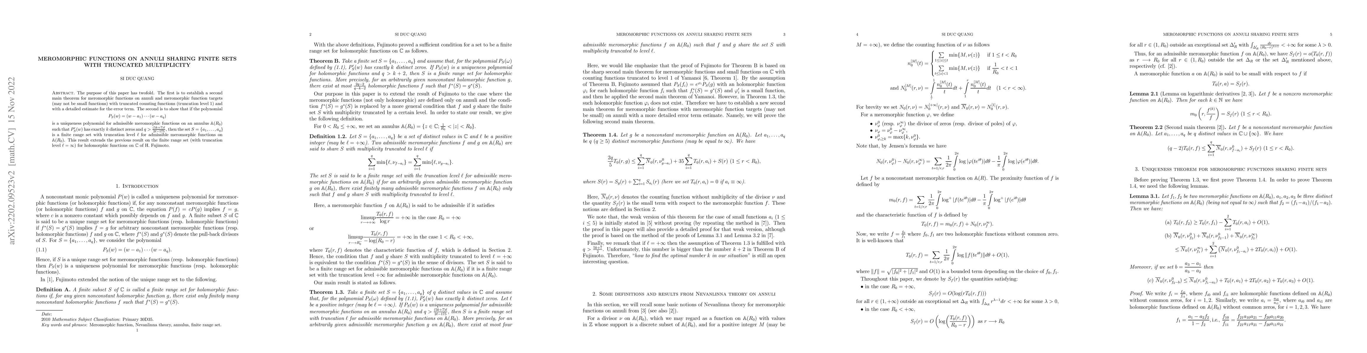 Thumbnail for Meromorphic functions on annuli sharing finite sets with truncated
  multiplicity