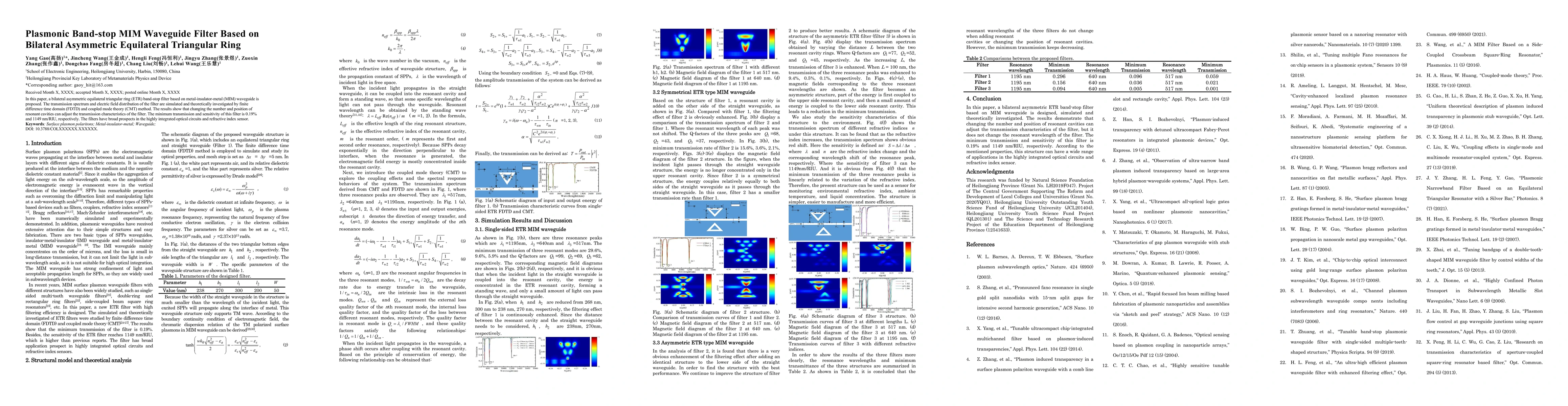 Thumbnail for Plasmonic Band-stop MIM Waveguide Filter Based on Bilateral Asymmetric
  Equilateral Triangular Ring