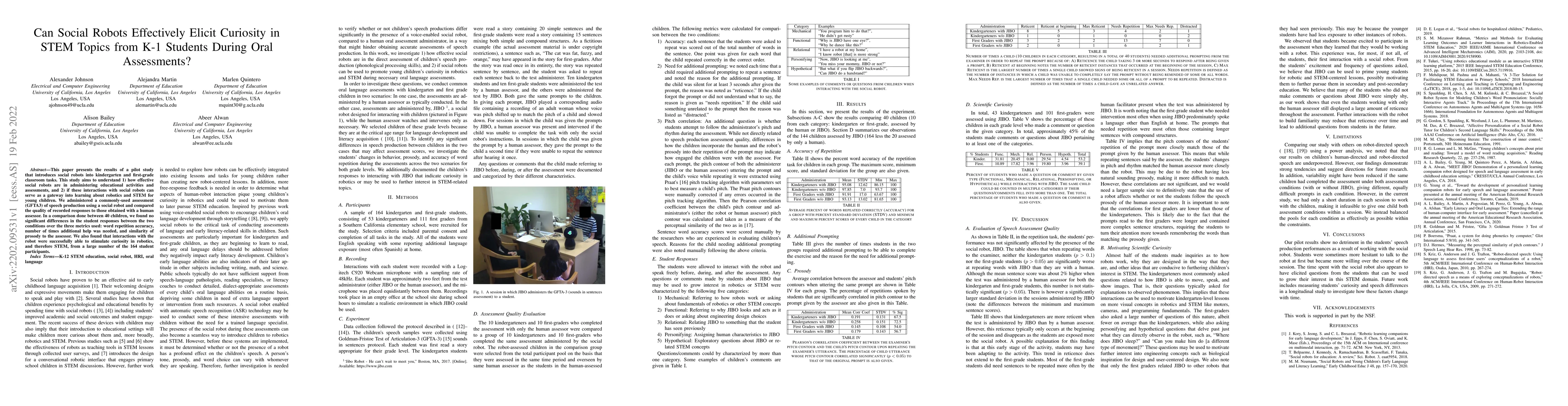 Thumbnail for Can Social Robots Effectively Elicit Curiosity in STEM Topics from K-1
  Students During Oral Assessments?