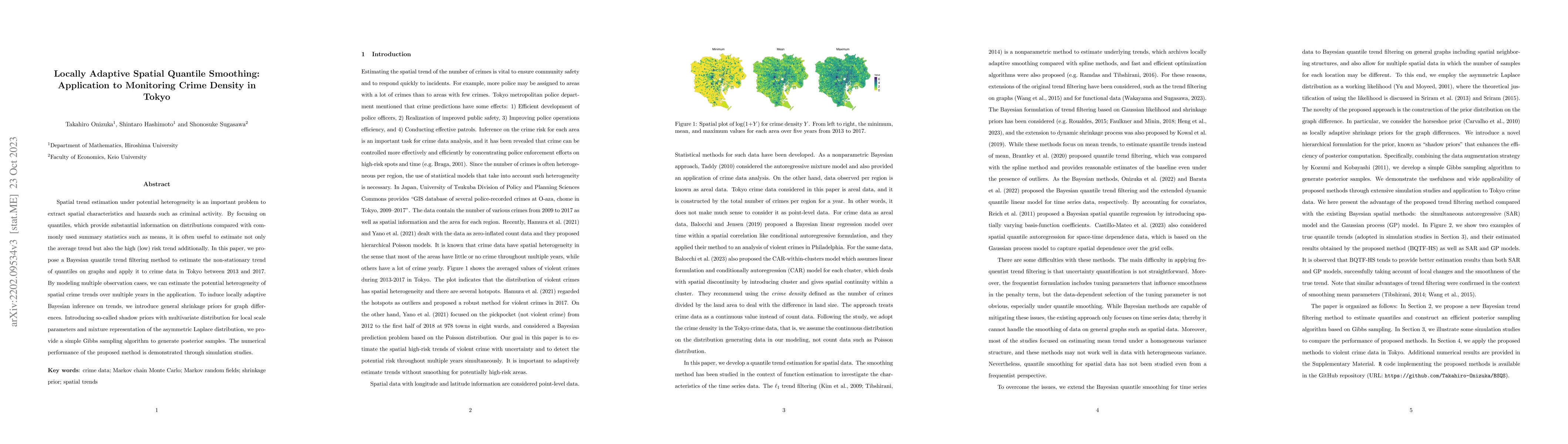 Thumbnail for Locally Adaptive Spatial Quantile Smoothing: Application to Monitoring
  Crime Density in Tokyo