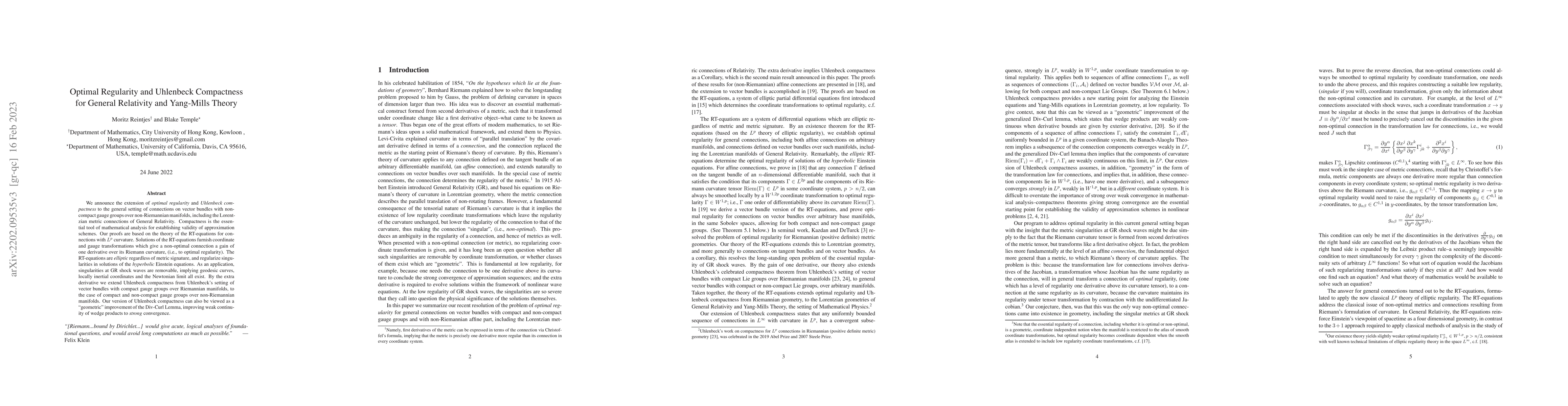 Thumbnail for Optimal Regularity and Uhlenbeck Compactness for General Relativity and
  Yang-Mills Theory