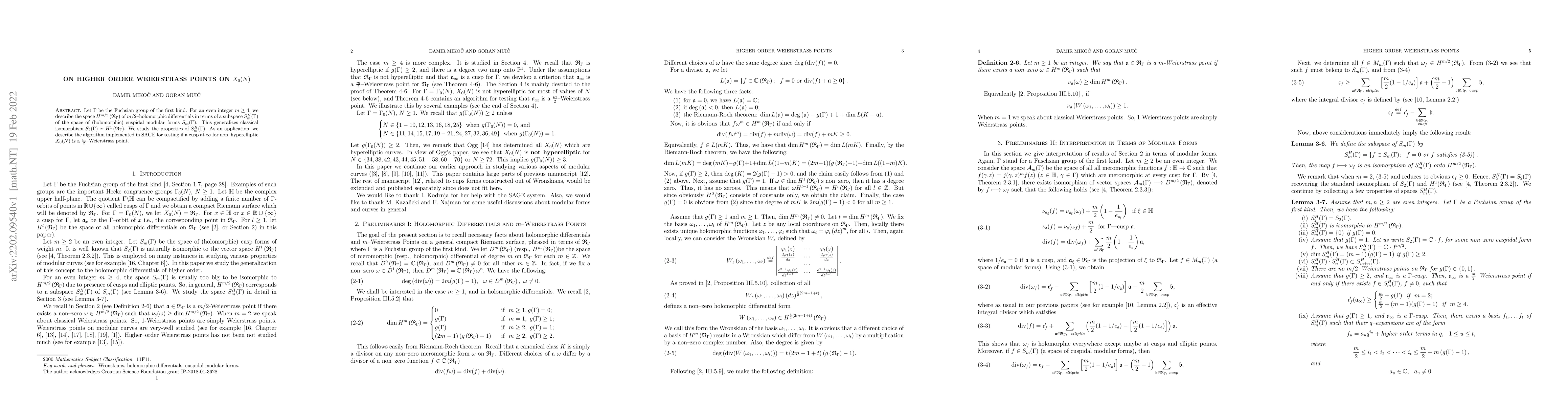 Thumbnail for On Higher Order Weierstrass Points on $X_0(N)$