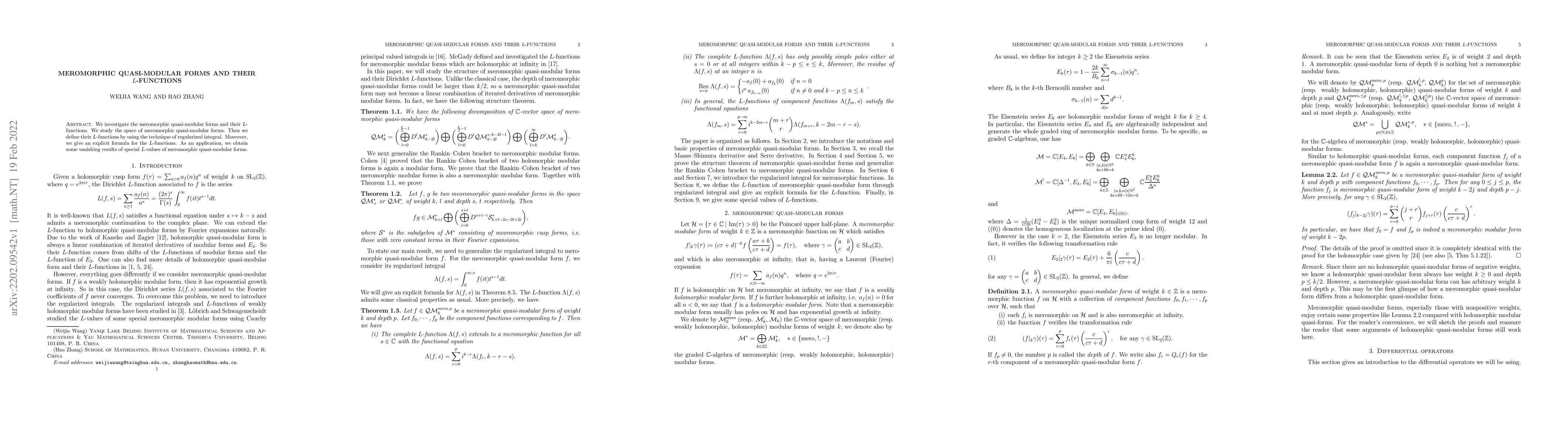 Thumbnail for Meromorphic quasi-modular forms and their $L$-functions