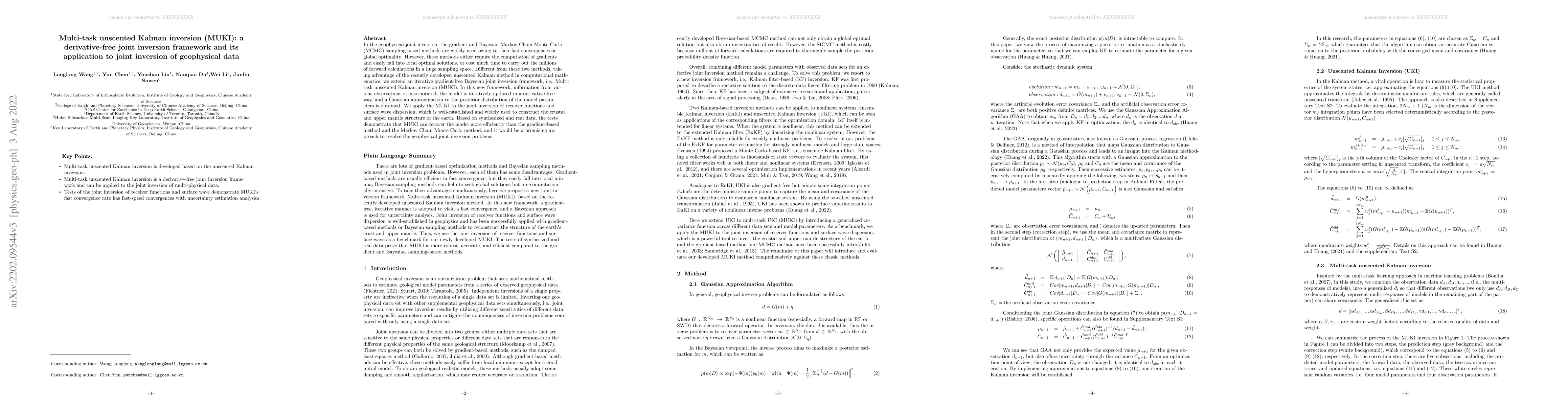 Thumbnail for Multi-task unscented Kalman inversion (MUKI): a derivative-free joint
  inversion framework and its application to joint inversion of geophysical
  data
