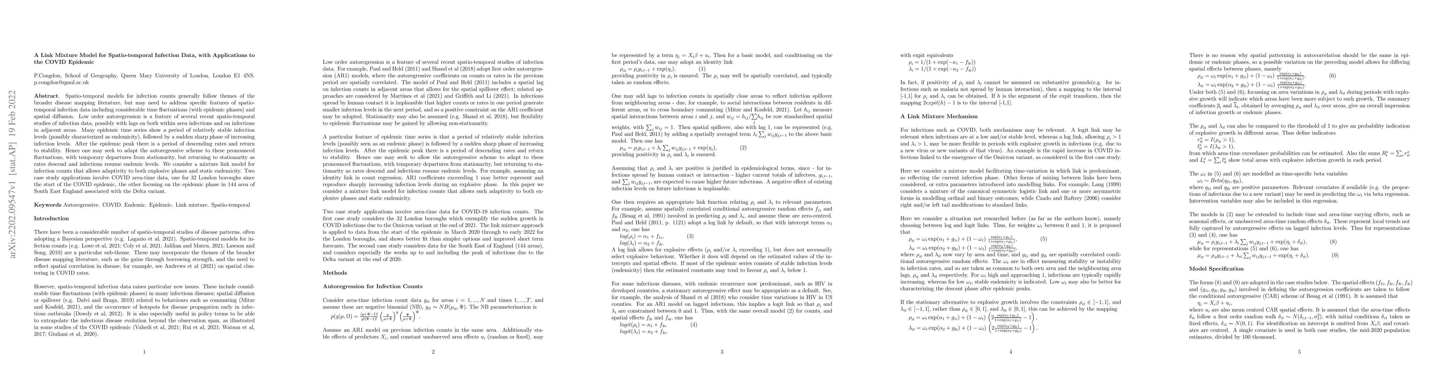 Thumbnail for A Link Mixture Model for Spatio-temporal Infection Data, with
  Applications to the COVID Epidemic