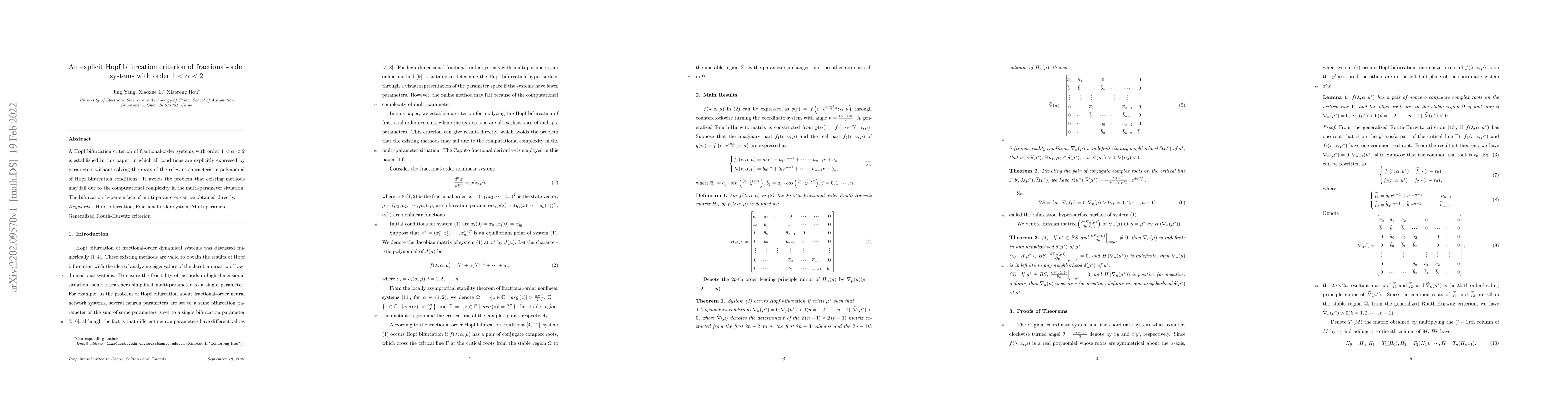 Thumbnail for An explicit Hopf bifurcation criterion of fractional-order systems with
  order 1 < {\alpha} < 2