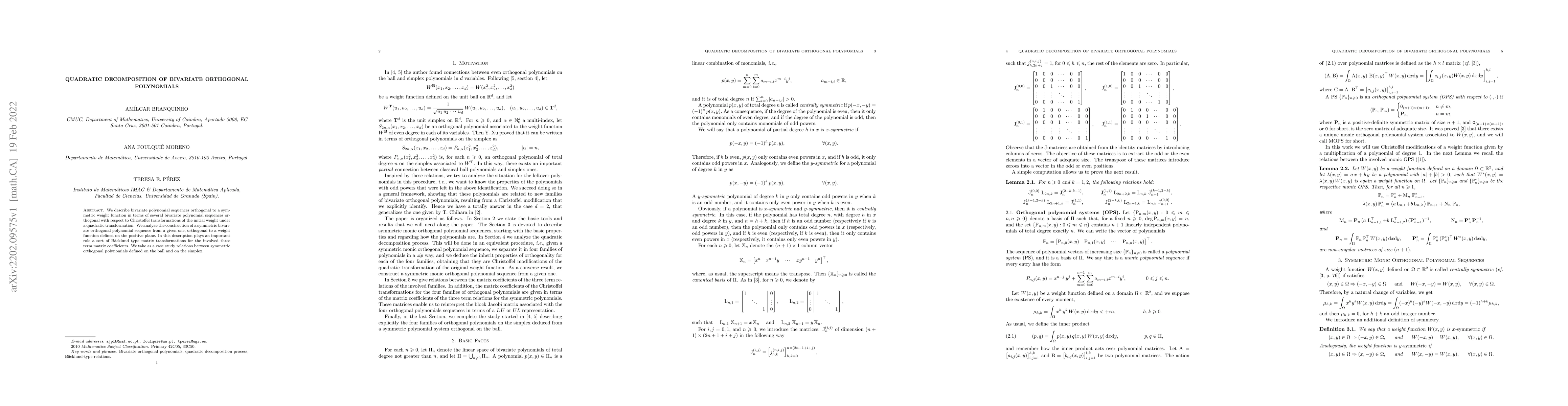 Thumbnail for Quadratic decomposition of bivariate orthogonal polynomials