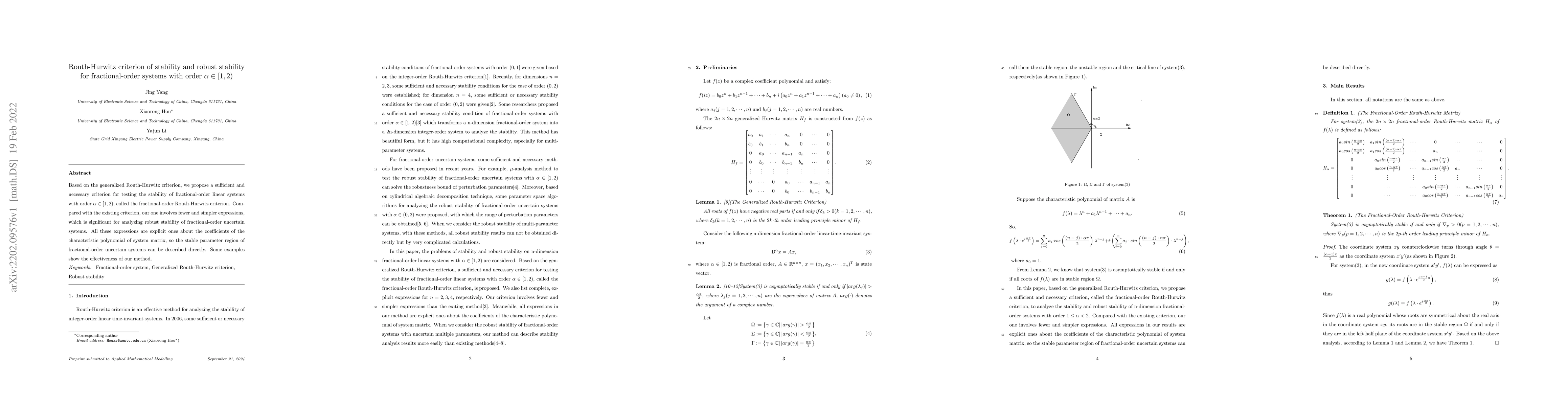 Thumbnail for Routh-Hurwitz criterion of stability and robust stability for
  fractional-order systems with order {\alpha}{\in}[1,2)