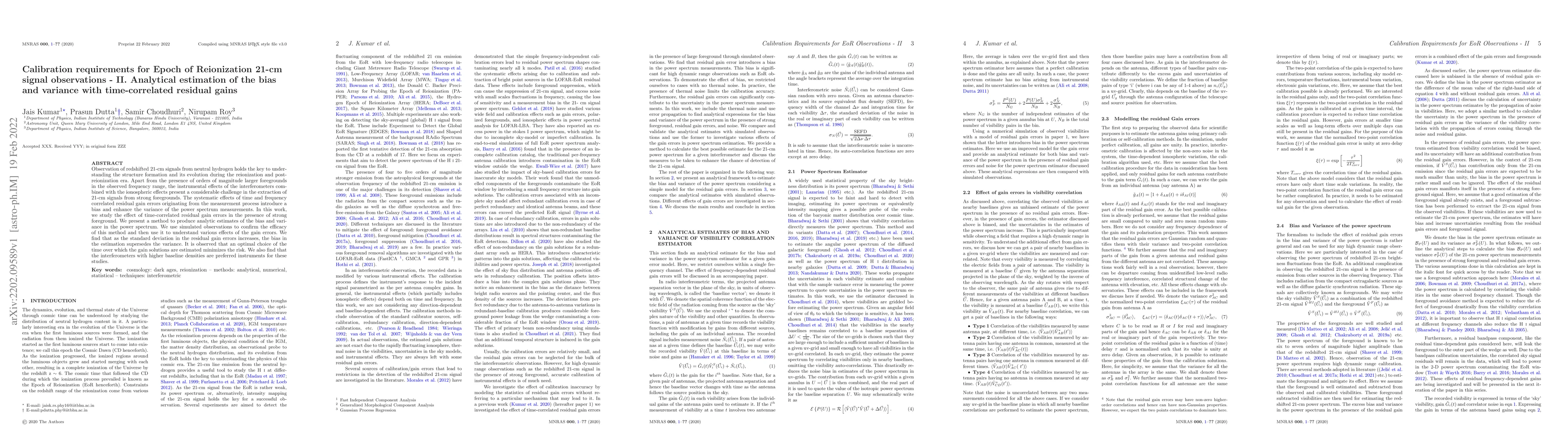 Thumbnail for Calibration requirements for Epoch of Reionization 21-cm signal
  observations -- II. Analytical estimation of the bias and variance with
  time-correlated residual gains