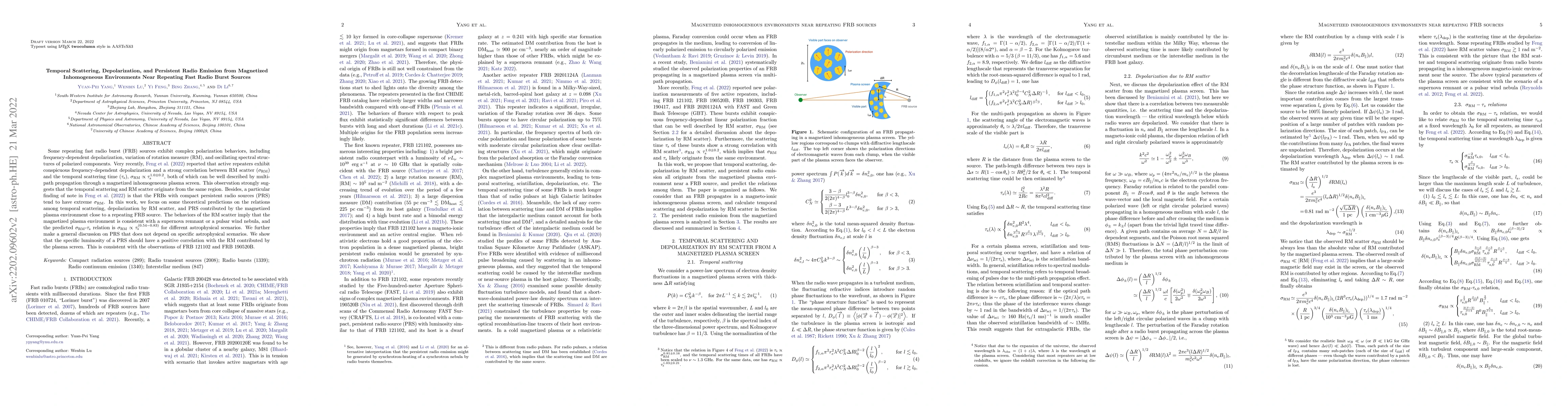 Thumbnail for Temporal Scattering, Depolarization, and Persistent Radio Emission from
  Magnetized Inhomogeneous Environments Near Repeating Fast Radio Burst Sources