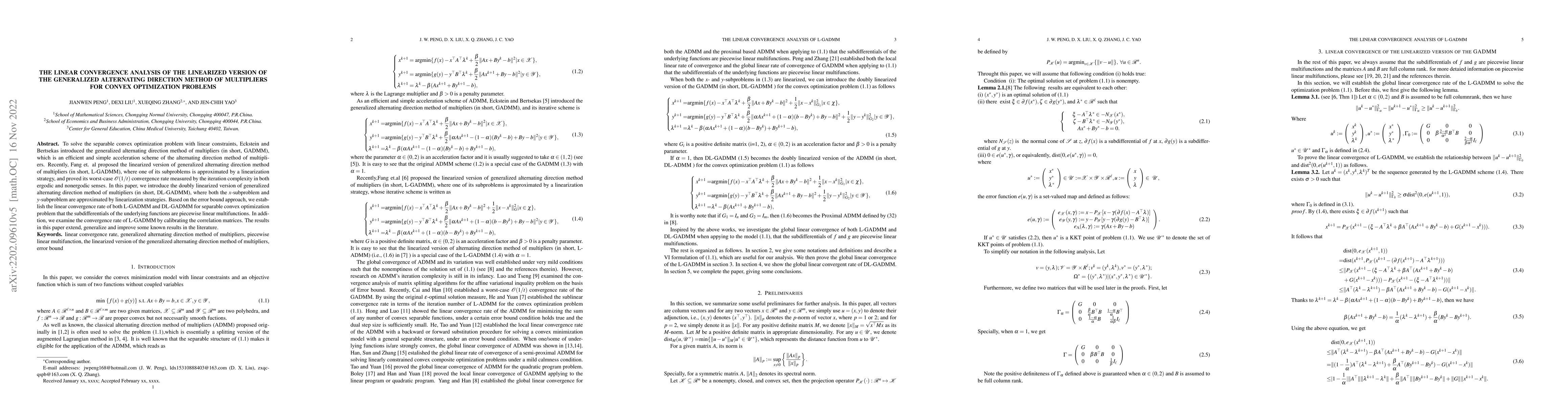 Thumbnail for The global linear convergence rate of the proximal version of the
  generalized alternating direction method of multipliers for separable convex
  programming