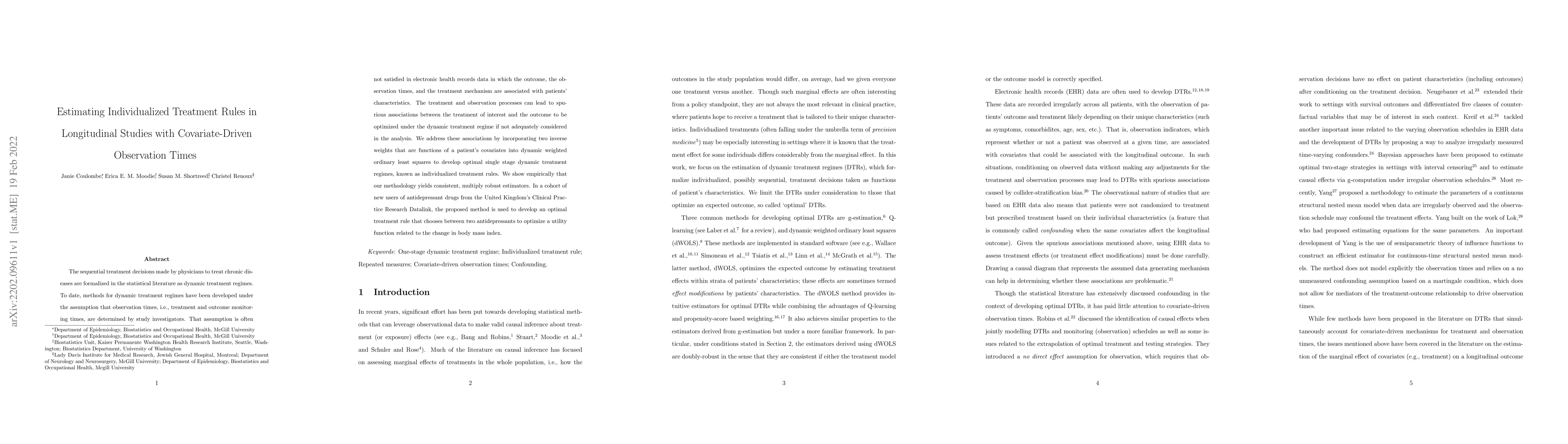 Thumbnail for Estimating Individualized Treatment Rules in Longitudinal Studies with
  Covariate-Driven Observation Times