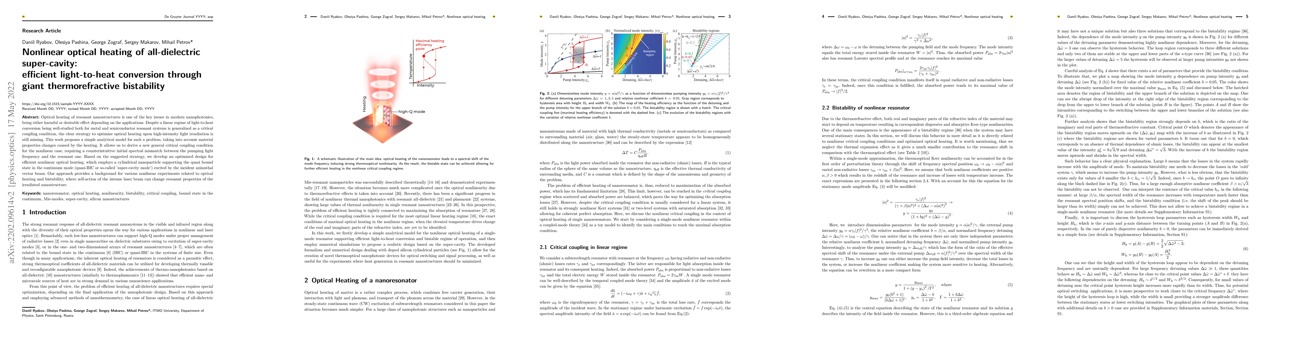 Thumbnail for Nonlinear optical heating of all-dielectric super-cavity: efficient
  light-to-heat conversion through giant thermorefractive bistability