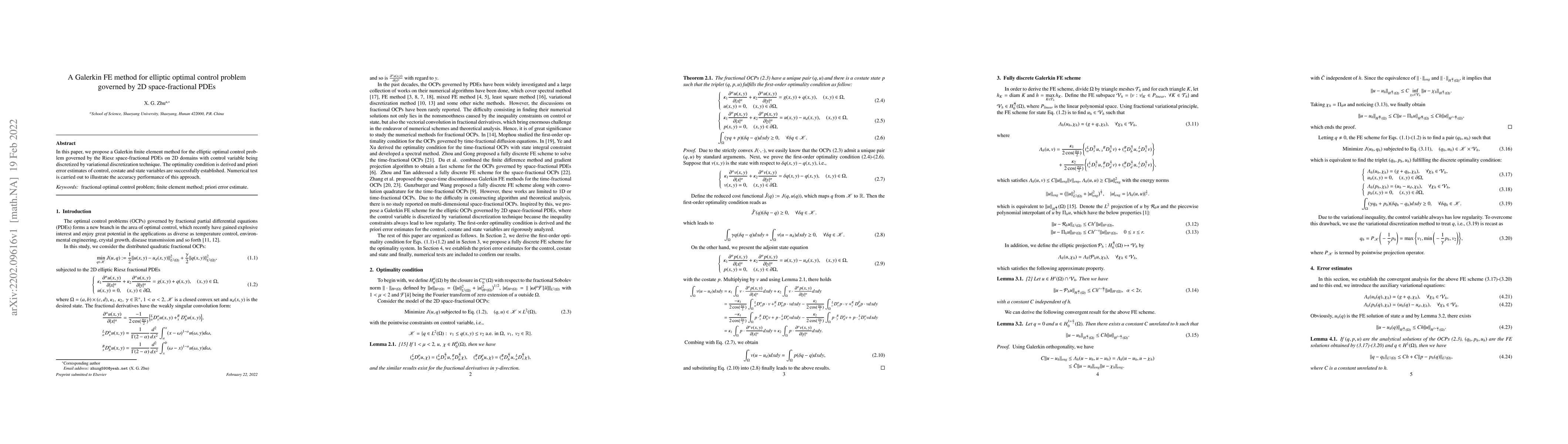 Thumbnail for A Galerkin FE method for elliptic optimal control problem governed by 2D
  space-fractional PDEs