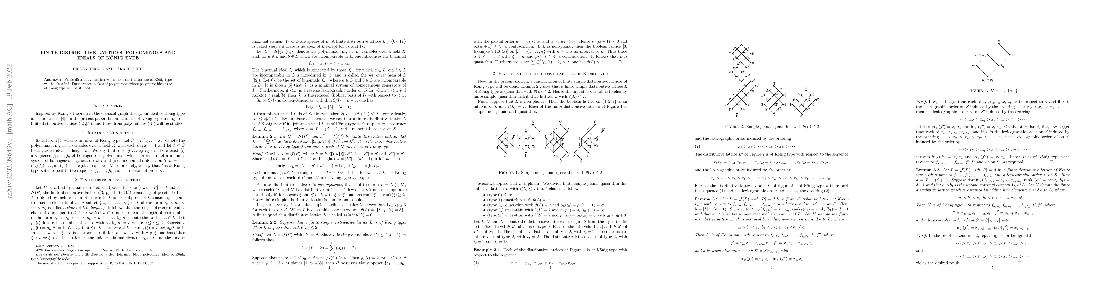 Thumbnail for Finite distributive lattices, polyominoes and ideals of K\"onig type