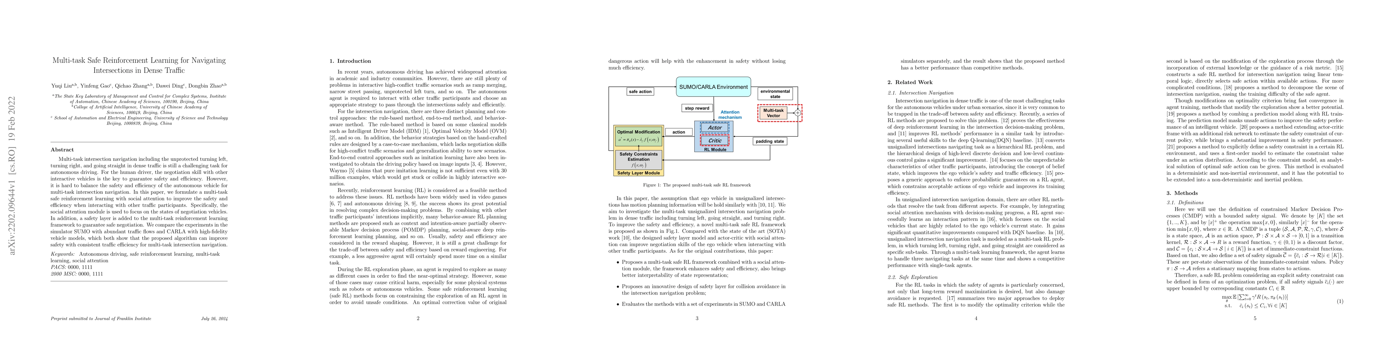 Thumbnail for Multi-task Safe Reinforcement Learning for Navigating Intersections in
  Dense Traffic