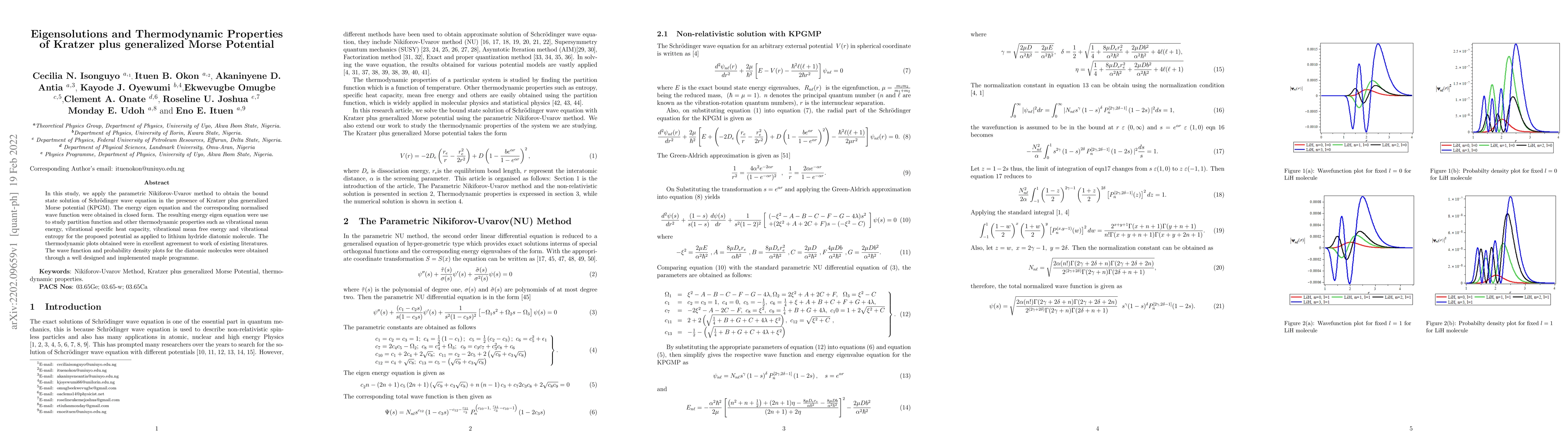 Thumbnail for Eigensolutions and Thermodynamic Properties of Kratzer plus generalized
  Morse Potential