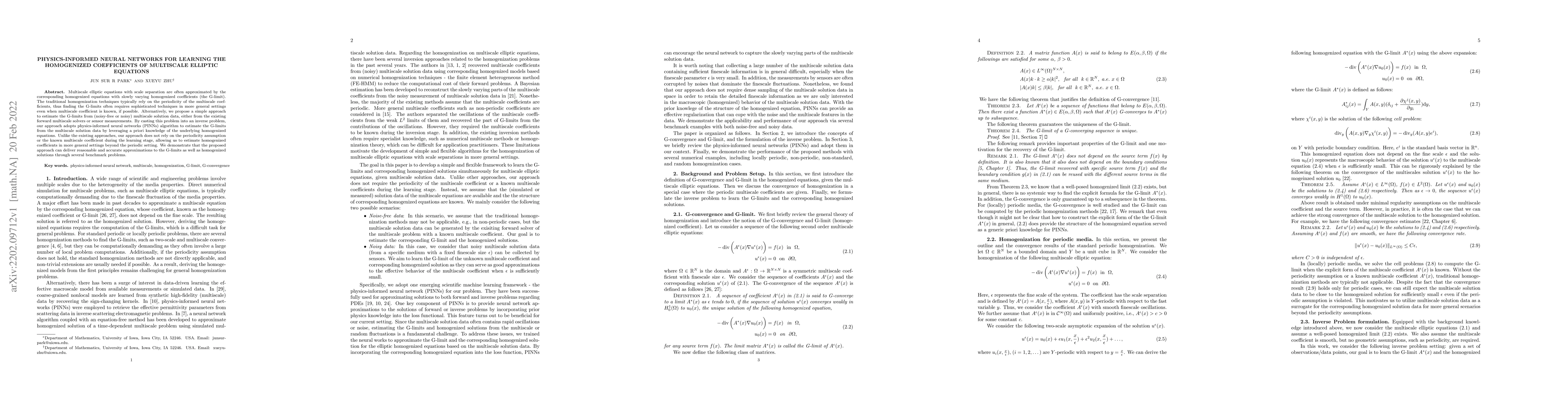 Thumbnail for Physics-informed neural networks for learning the homogenized
  coefficients of multiscale elliptic equations