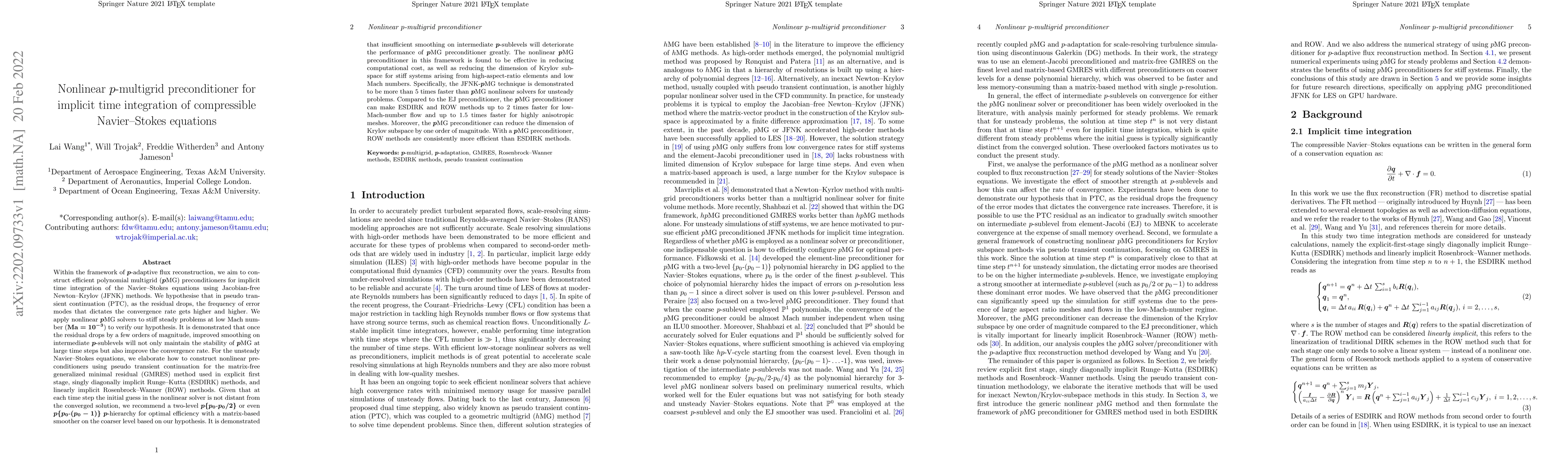 Thumbnail for Nonlinear p-multigrid preconditioner for implicit time integration of
  compressible Navier--Stokes equations