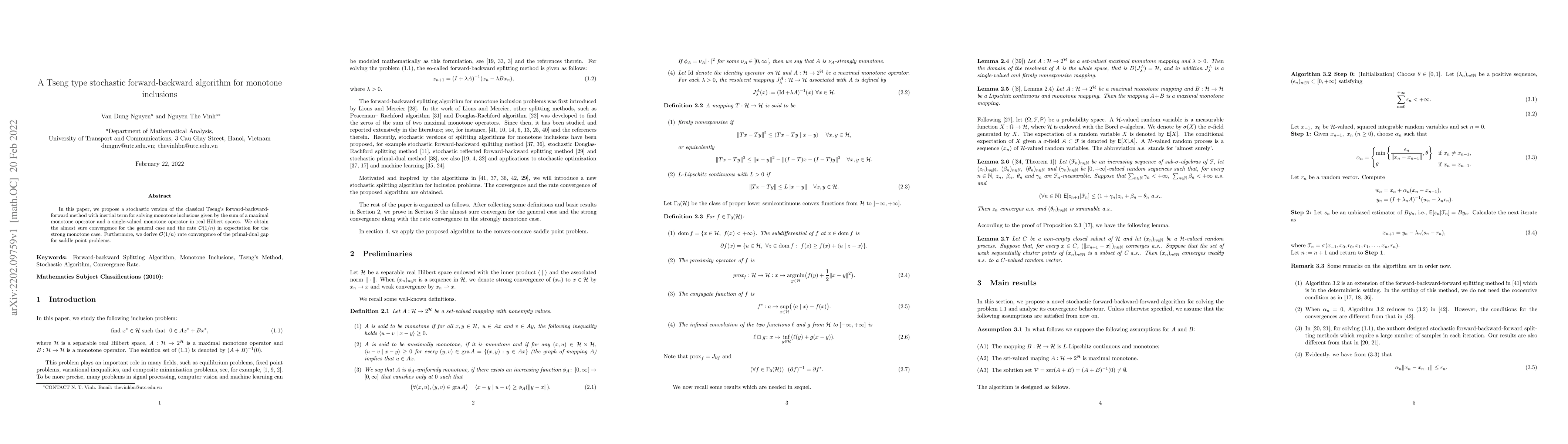 Thumbnail for A Tseng type stochastic forward-backward algorithm for monotone
  inclusions