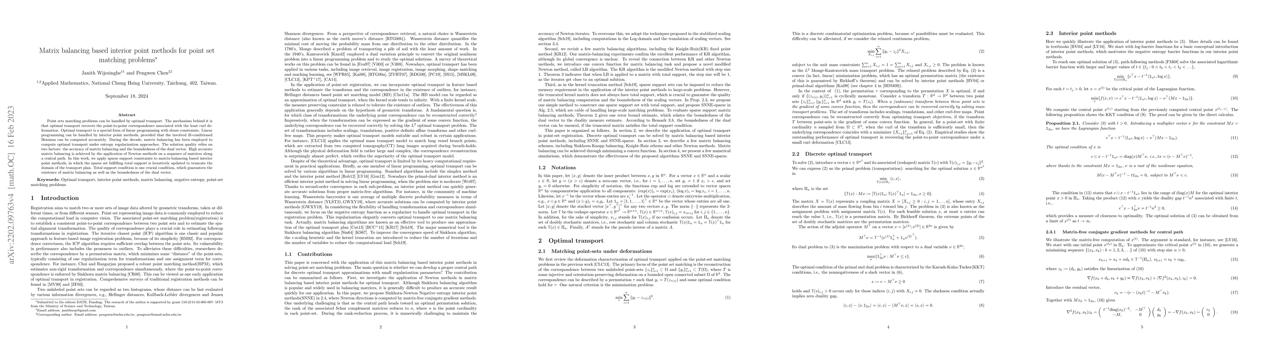 Thumbnail for Matrix balancing based interior point methods for point set matching
  problems