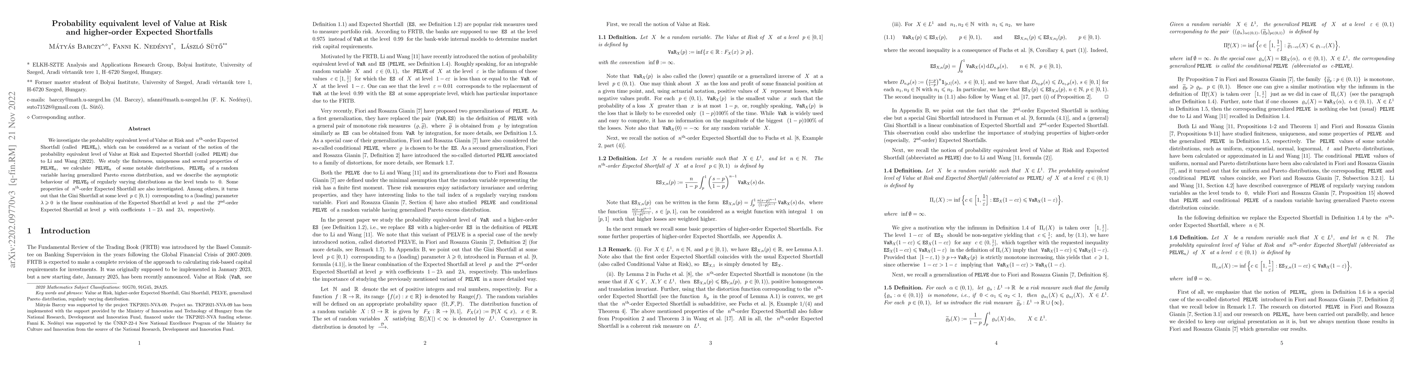 Thumbnail for Probability equivalent level of Value at Risk and higher-order Expected
  Shortfalls